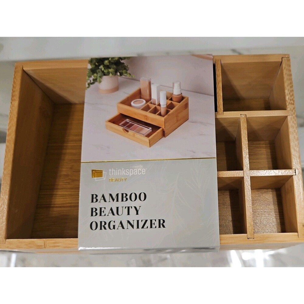 Thinkspace Bamboo Makeup Organizer w Drawer Cosmetic Storage Vanity Countertop